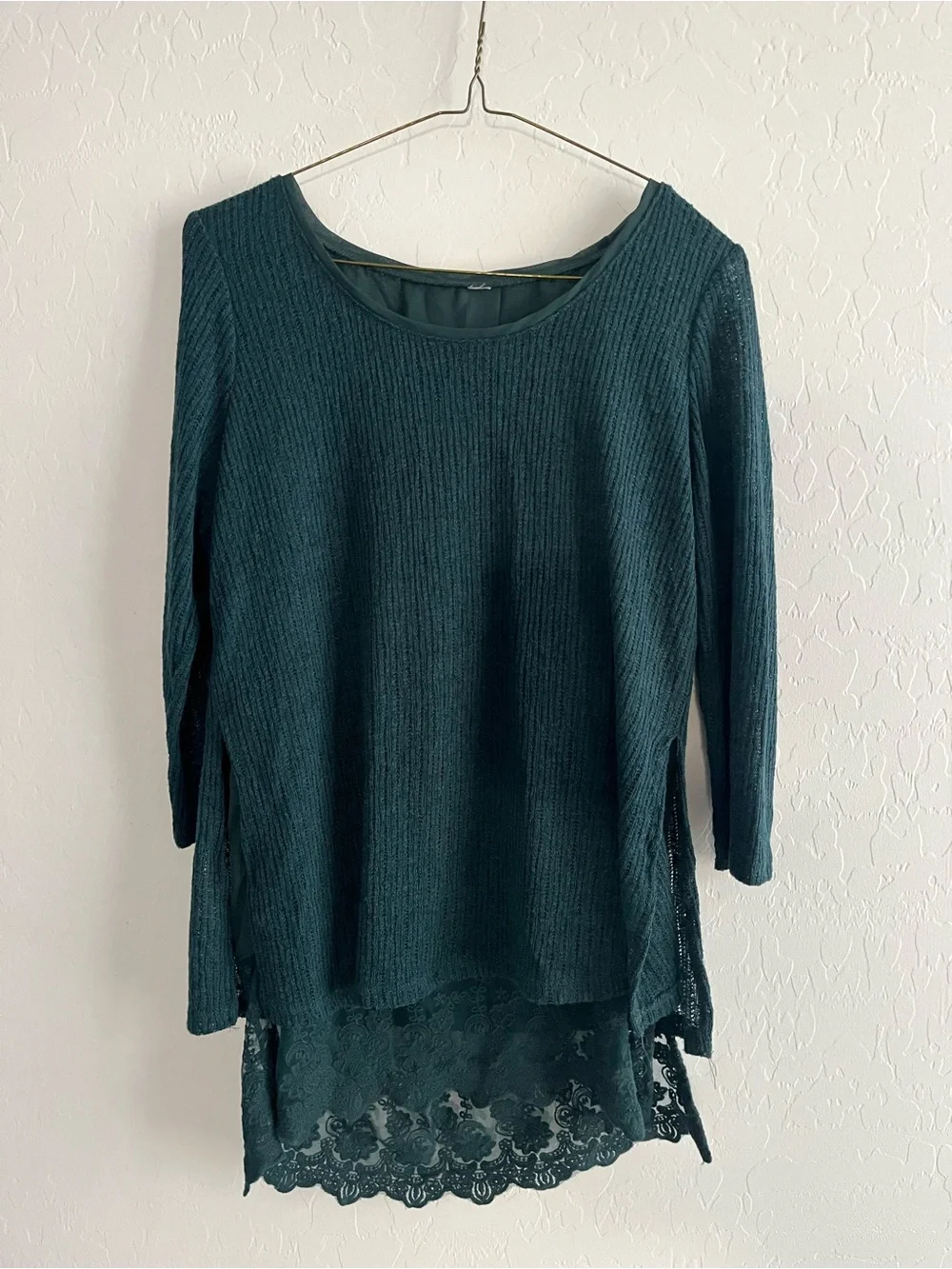 Dark Teal Knit Top with Lace Hem